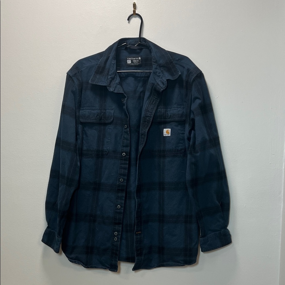 Men's Flannel - Carhartt Blue and Black, Loose Fit Plaid Shirt